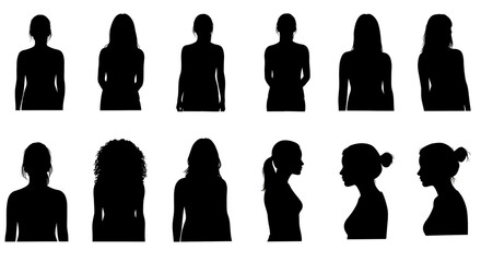 A collection of elegant female silhouettes showcasing diverse hairstyles and poses in simple black and white.