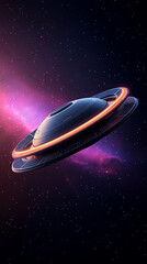 Futuristic spacecraft with glowing rings is hovering in a vibrant cosmic scene filled with colorful nebulae and stars, showcasing advanced technology and interstellar travel