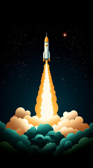 Rocket launching into space with bright flames and clouds, surrounded by a starry night sky, symbolizing exploration, adventure, and technological advancement in a vibrant illustration