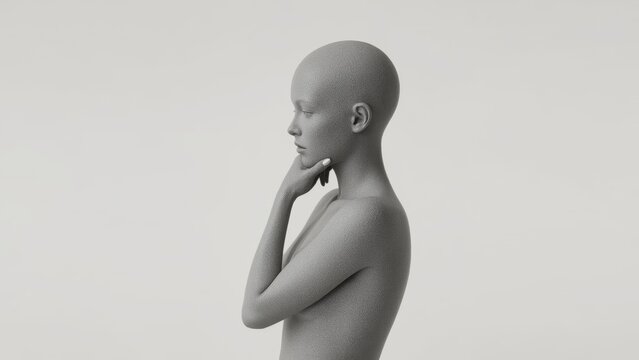 Bald female mannequin thoughtful pose minimalistic grey background cal