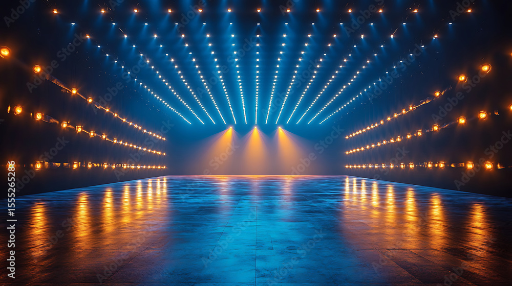 Poster illuminated stage with rows of lights and reflective floor perfect for performances and shows