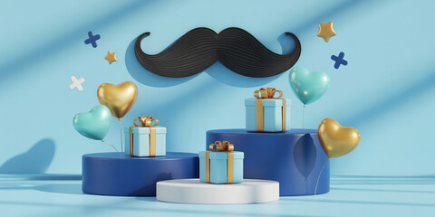 Father s Day Celebration with Gifts Balloons and a Mustache on a Blue Background Perfect for a Greeting Card