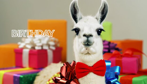 Birthday llama with red bow tie and gift boxes, creative greeting card, birthday celebration mood