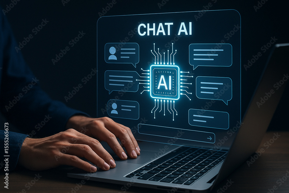Poster chat ai technology concept using laptop for communication and artificial intelligence assistance too