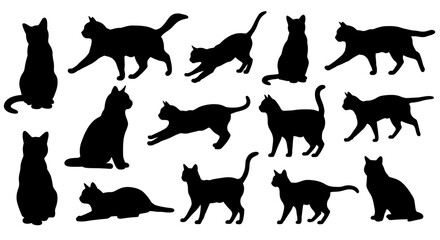 A playful collection of feline silhouettes in various poses, showcasing their elegance and grace in a bold black design against a clean white background.