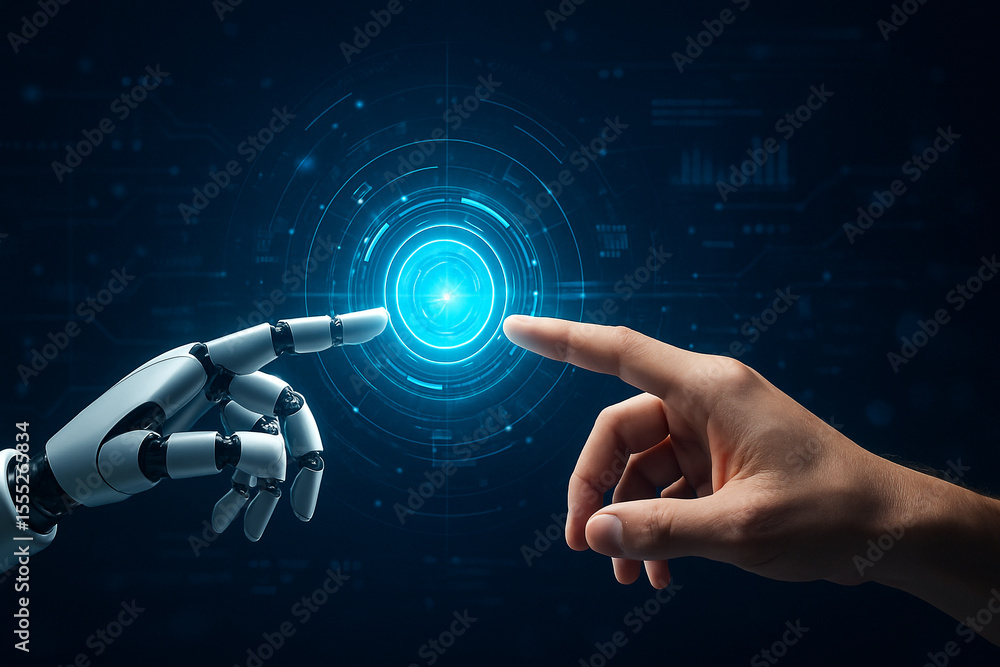 Aufkleber artificial intelligence ai robot hand touching human hand technology connection concept future tech