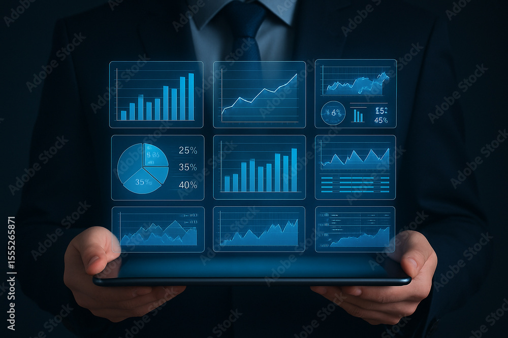 Poster business intelligence dashboard on tablet for data analysis and financial performance tracking onlin