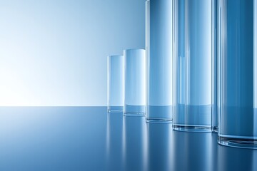 Obraz premium Abstract blue glass cylinders arranged in a row with reflections on a shiny surface