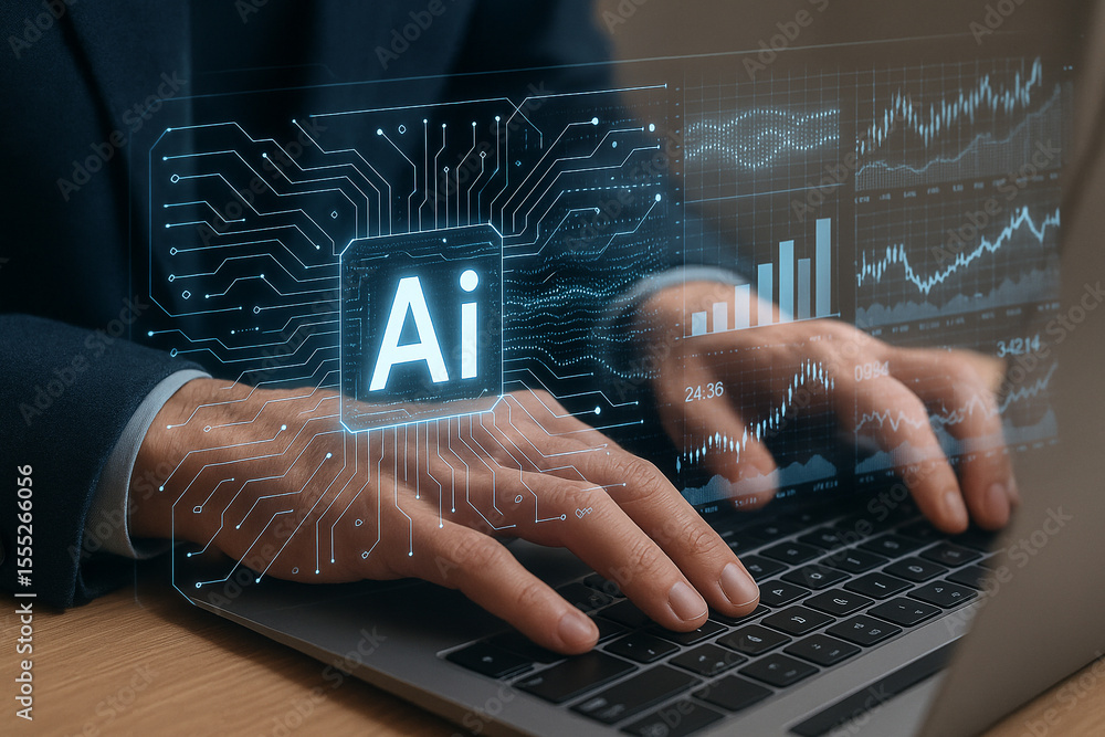 Poster ai artificial intelligence data analysis machine learning business technology concept on laptop scre