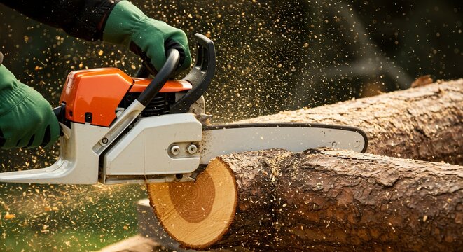 Chainsaw Cutting Log with Sawdust Spraying in Sunlight