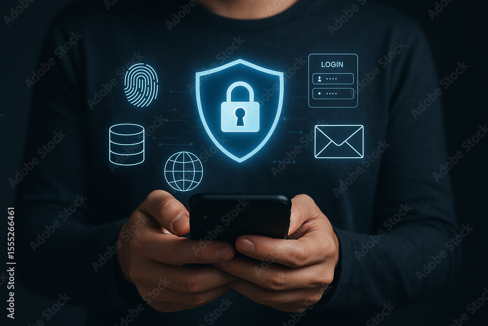 Poster cybersecurity on mobile phone data protection and privacy internet security mobile security concept