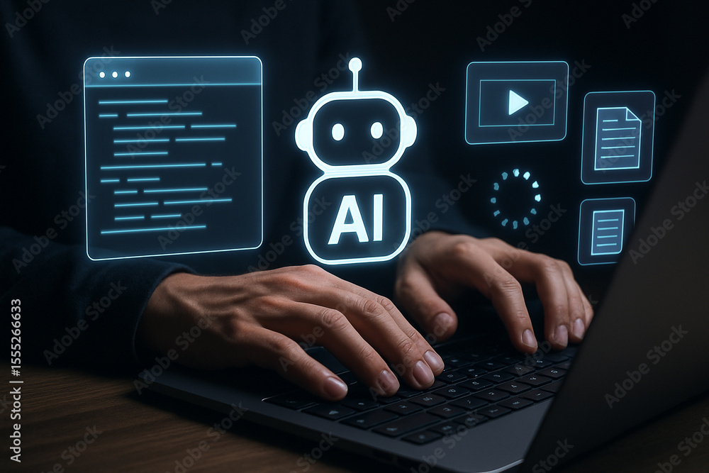 Poster artificial intelligence ai chatbot development coding on laptop for business automation future tech