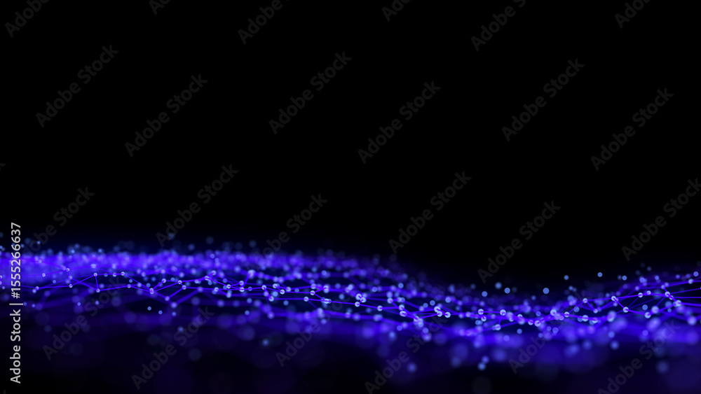Poster Abstract wave with blue light on black background. Science background with moving dots. Network connection technology. Digital structure with particles. 3d rendering.