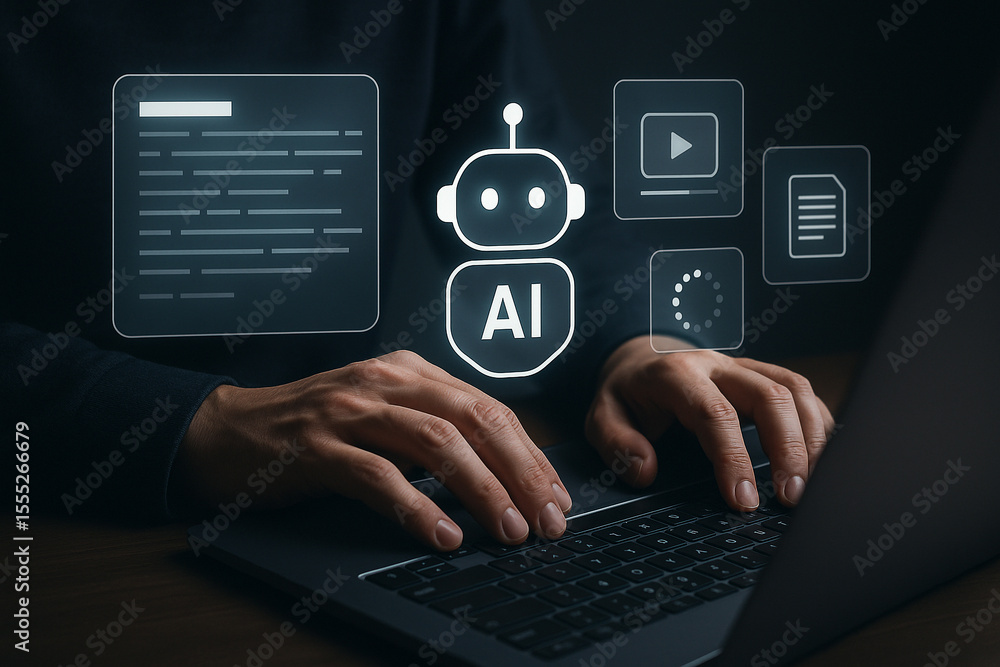 Poster artificial intelligence ai automation concept chatbot technology and machine learning on keyboard 10
