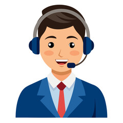 Smiling call center agent wearing headset offering assistance with bright studio white backdrop
