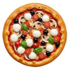 Pizza Margherita. Pizza fresh tomatoes, arugula, burrata on wooden plate, Isolated on Transparent Background