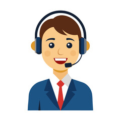 Young man in headset delivering customer support in professional environment with white background