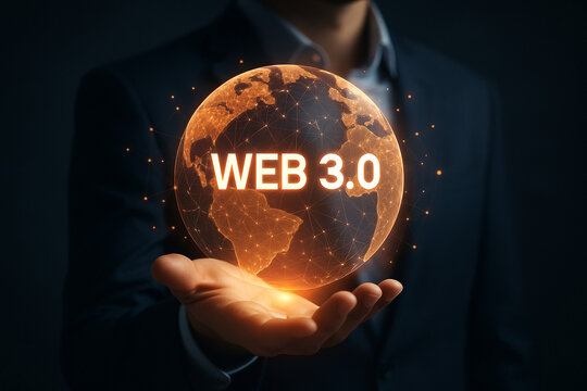 Web 3.0 concept with glowing earth globe in hand representing decentralized internet technology