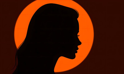 Elegant Woman Silhouette Against Orange Circle, Minimalist Design, Artistic Portrait
