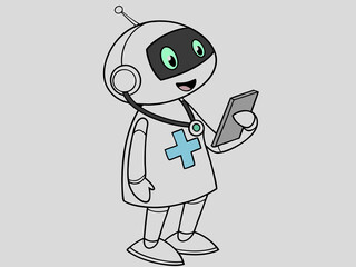 Playful healthcare robot character smiling while holding phone and wearing stethoscope on chest