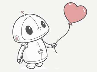 Friendly humanoid robot character holding love themed balloon in simple flat vector design