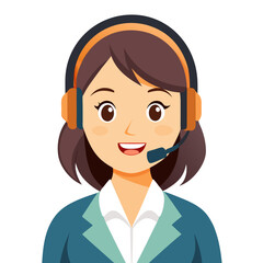 Happy woman customer support representative with headset smiling brightly on clean white backdrop