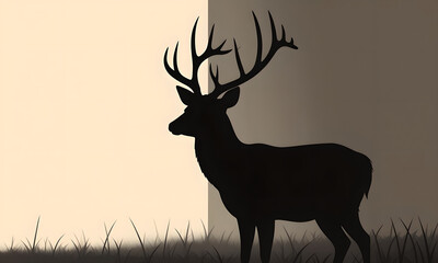 Majestic deer silhouette illustration standing in grassy field at dusk.
