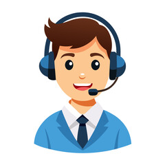 Male contact center employee wearing headset providing friendly service in bright white environment