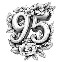 Monochrome Illustration Of Number Ninety Five Surrounded By Floral Elements On Transparent Background