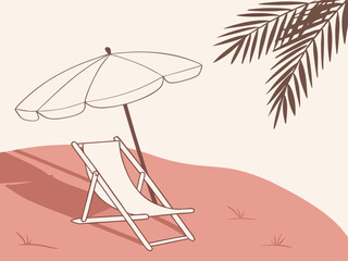 Light pink sand with beach umbrella and chair in peaceful minimalist tropical illustration