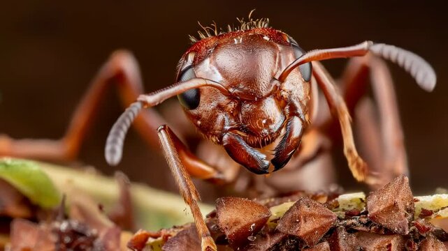 Large red ant with visible hair stands on a leaf, surrounded by dirt in its natural habitat, showcasing its impressive size and intricate details in a close up shot