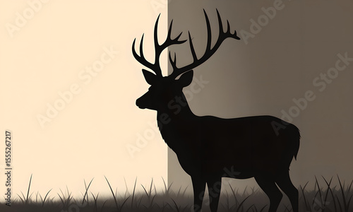 Majestic deer silhouette illustration standing in grassy field at dusk.