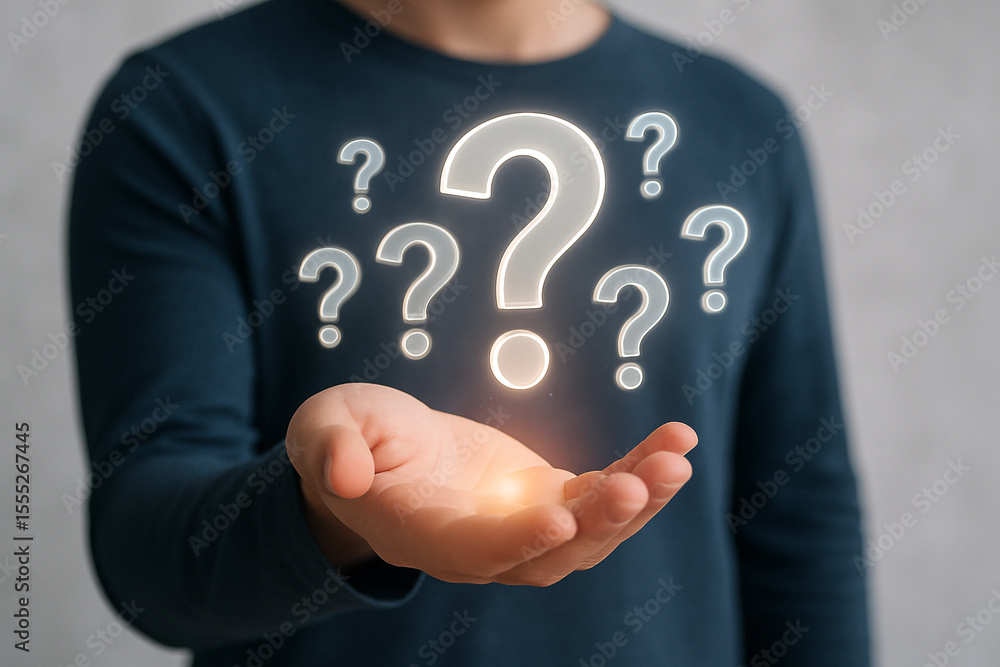 Poster questions and answers concept hand holding question marks symbol confusion uncertainty faq solutions