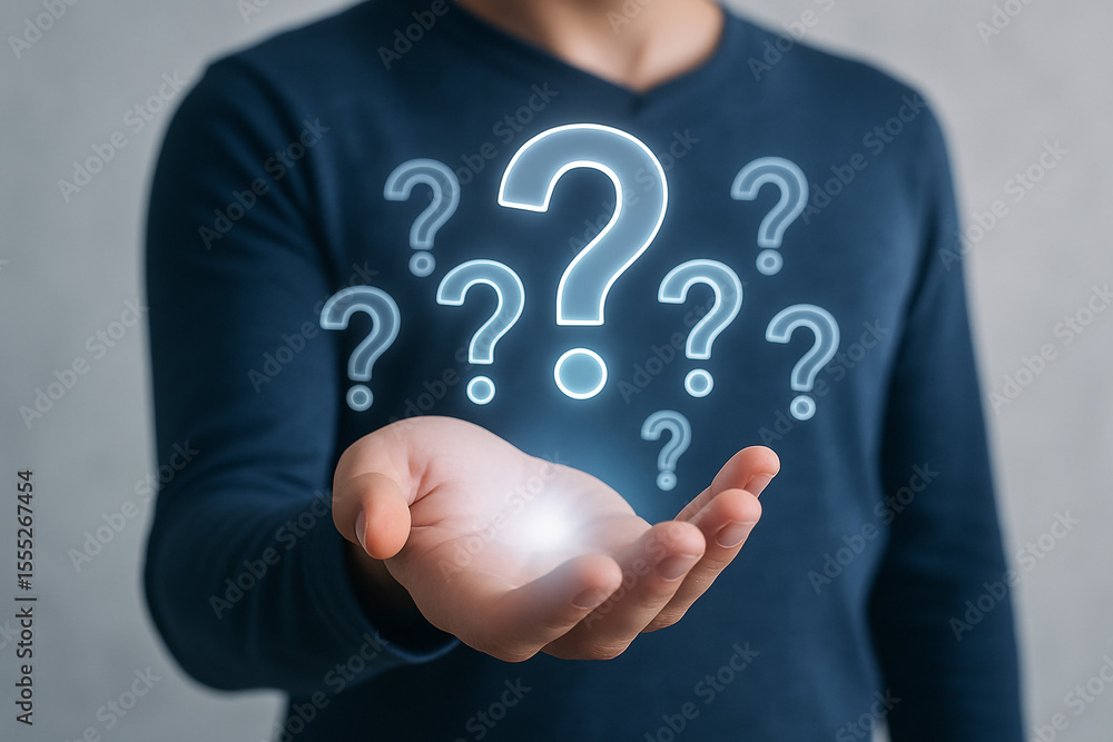 Poster questions concept hand holding question marks seeking answers problem solving uncertainty doubt inqu