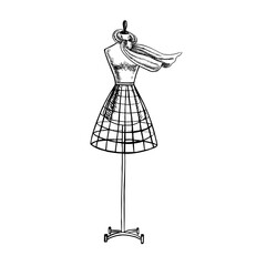 A tailor s mannequin with a scarf. Vector graphics, black and white hand-drawn illustration. Highlight it on a white background. This is an element of your design for banners, posters, websites.