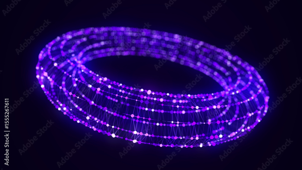 Fototapete abstract blue torus on black background. wireframe circle structure with glowing particles and lines