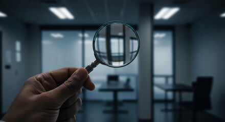 Magnifying Glass Reveals Office Interior, Focus on Investigation and Analysis