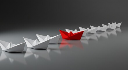 Red Paper Boat Leading White Fleet on Grey Surface