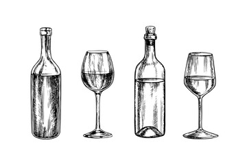 A set of wine images. Bottles for white and red wine, wine glasses. Handmade vector illustrations. For packaging and labels. For banners and posters. For restaurants, bars, and more.