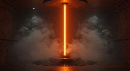 Eerie orange beam of light piercing through smoke in a dark, industrial setting