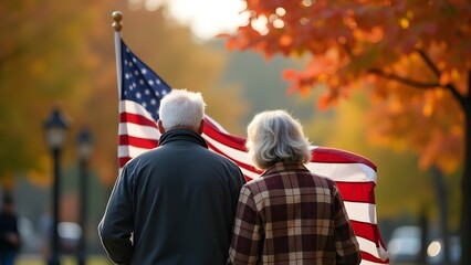 Senior Couple Holding American Flag in Autumn Park
