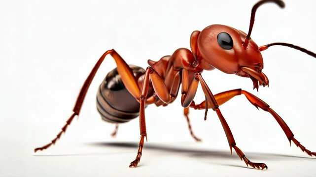 A focused view of a solitary red ant against a plain white background isolated. AI-generated.