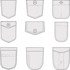 CAD Drawing Flat Vector Illustration of Various Patch Pocket Designs for Apparel, Technical Fashion Sketch Details Template, Clothing Construction Elements