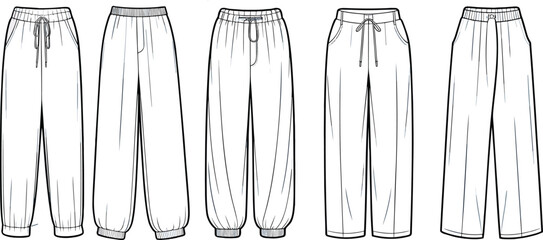 CAD Drawing Flat Vector Illustration of Women's Casual Pants Collection, Including Joggers, Harem, and Wide Leg Styles, Apparel Design Template