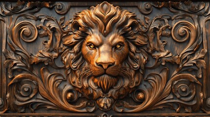 Ornate lion head relief carving on a dark wooden panel