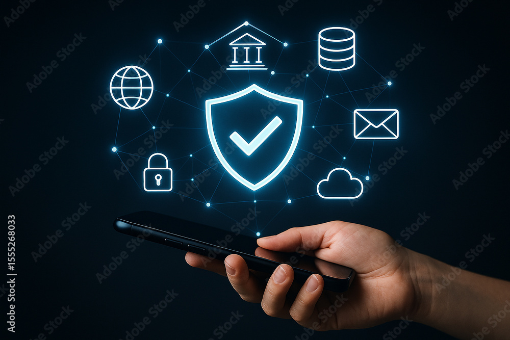 Poster mobile security concept smartphone with shield and checkmark for data protection and cybersecurity 1