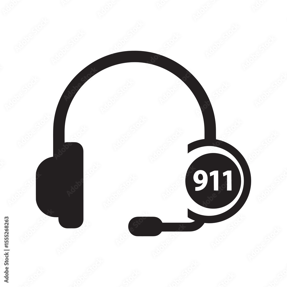 Poster emergency call center headset icon for a 911 operator providing support and dispatch service for a r