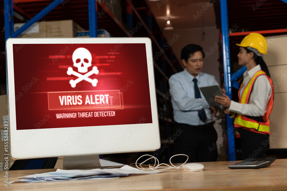 Poster virus warning alert on computer screen detected modish cyber threat , hacker, computer virus and mal