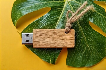 Wooden USB Drive with Jute Tag and Tropical Leaf on Yellow Background