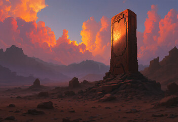 iron monolith with desert

